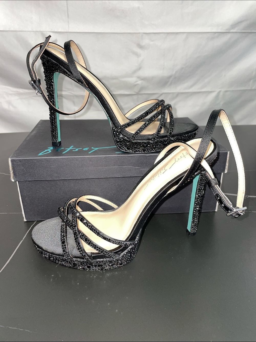BETSEY JOHNSON SB-ADEN BLACK RHINESTONED STRAPPY STILETTO SANDALS FTL-08/002